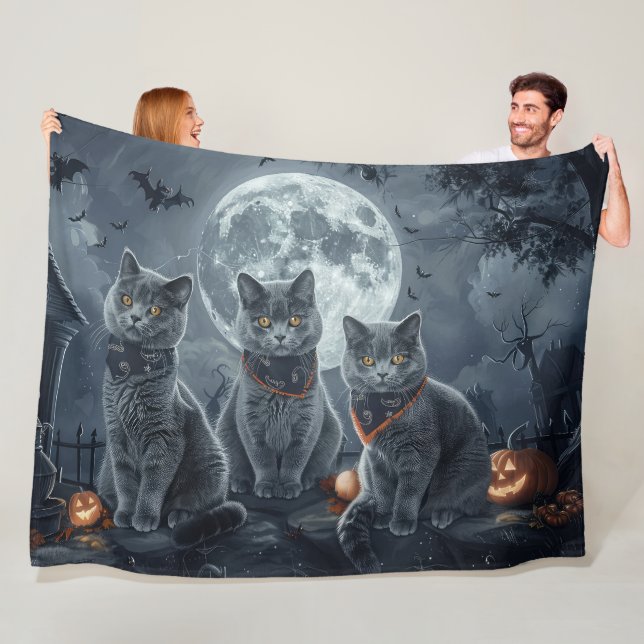 Couverture Polaire Chats Bleus Russes Halloween Effrayant (En situation)