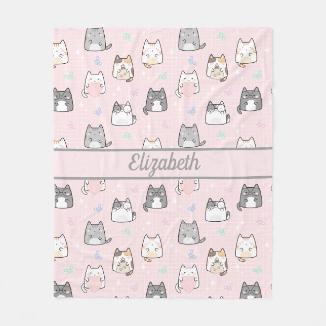 Couverture Polaire Chats Cute Personnalisés Whimsical Grey Rose (Devant)