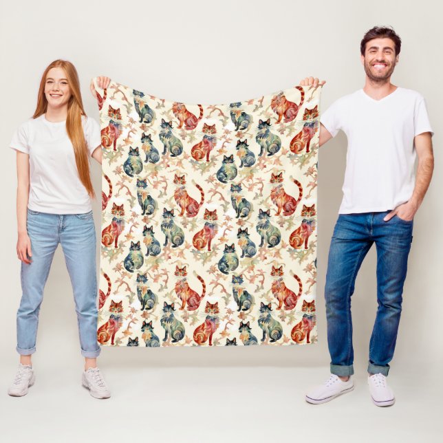 Couverture Polaire Chats dans un Motif d'aquarelle chinois (En situation)