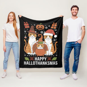 Couverture Polaire Chats Joyeux Hallothanksmas Halloween Noël 