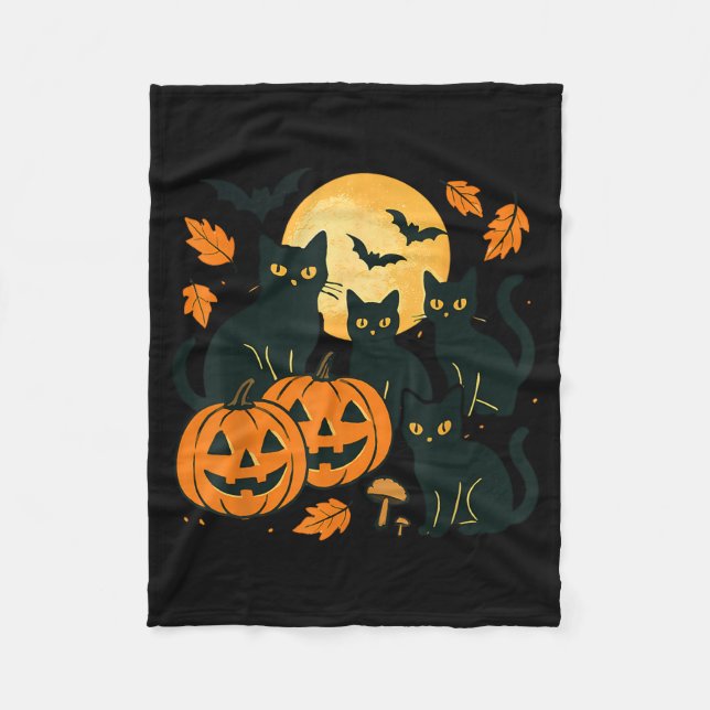 Couverture Polaire Chats noirs avec citrouilles Jack O Lanterns lune  (Devant)