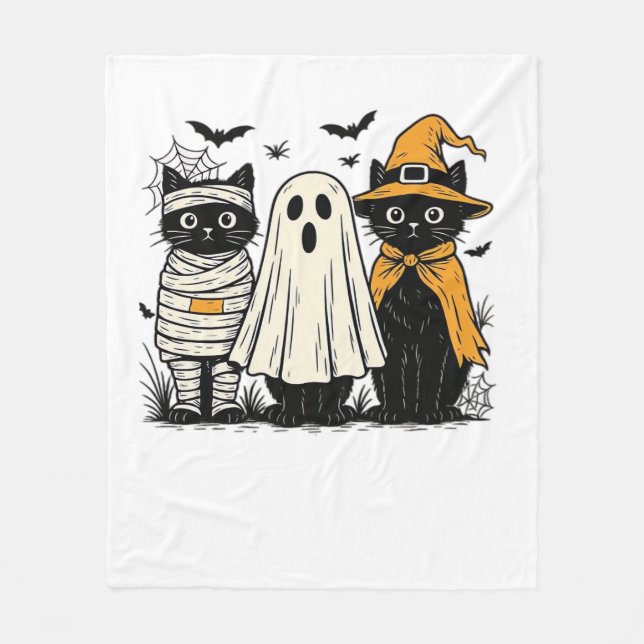 Couverture Polaire Chats noirs en costumes d'Halloween - Ghost, Witch (Devant)