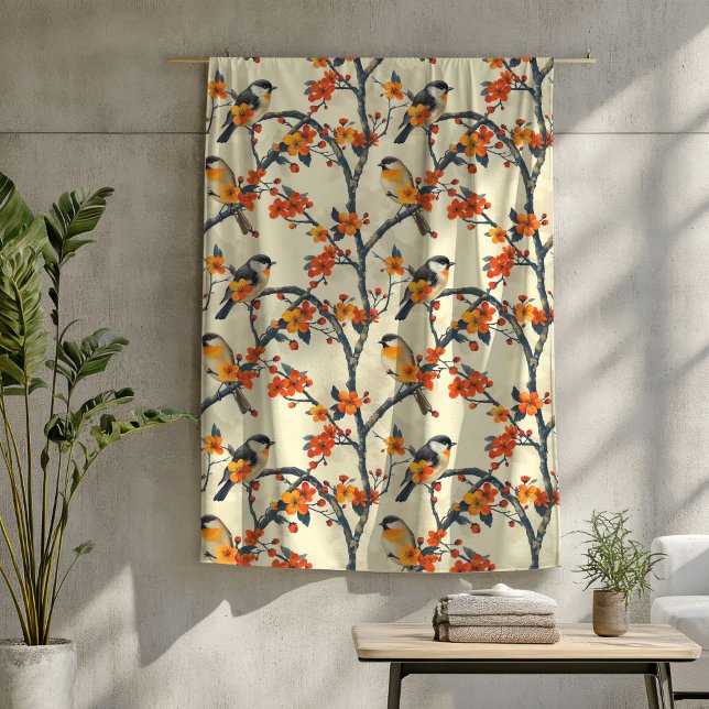 Couverture Polaire Chaud automne avec les oiseaux et les fleurs saiso (Warm Fall Throw with Birds and Seasonal Flowers Fleece Blanket)