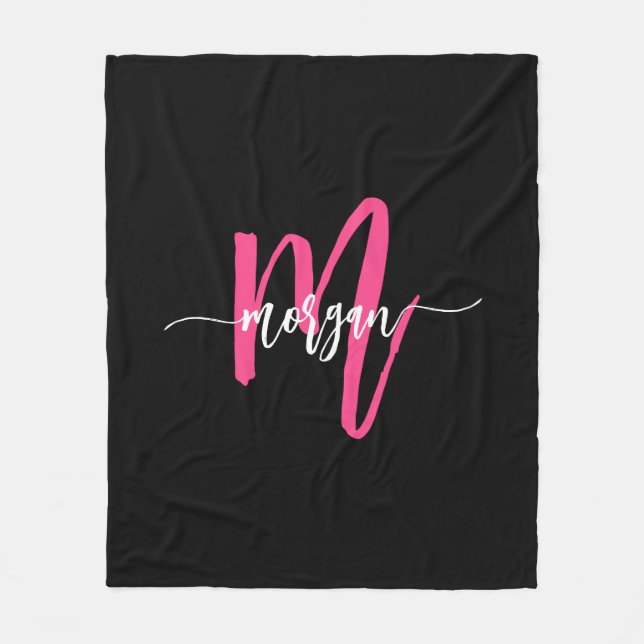 Couverture Polaire Chaud rose noir moderne Script Girl Monogramme Nom (Devant)