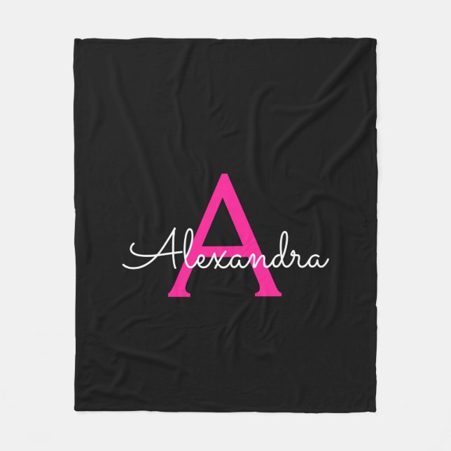 Couverture Polaire Chaud rose noir Script Girl Nom du monogramme (Devant)