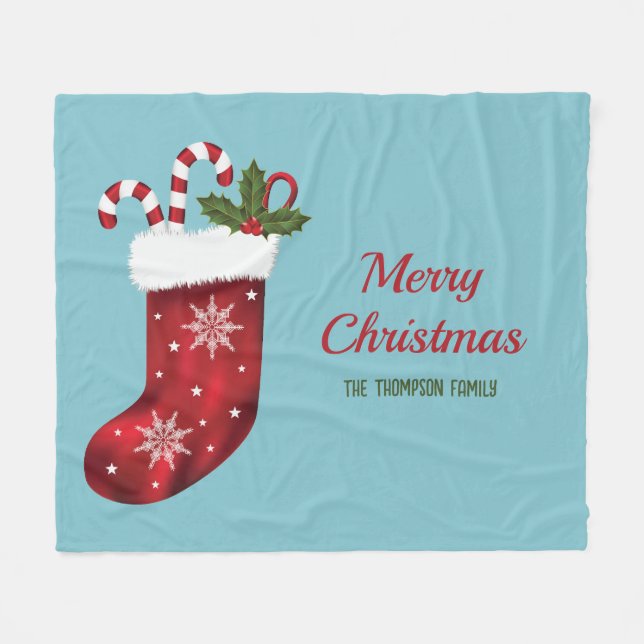 Couverture Polaire Chaussette de Noël rouge sur fond bleu avec texte  (Devant (Horizontal))
