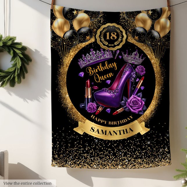Couverture Polaire Chaussures à talons hauts de Reine d'anniversaire  (Birthday Queen High Heels Gold Balloons Purple Fleece Blanket)