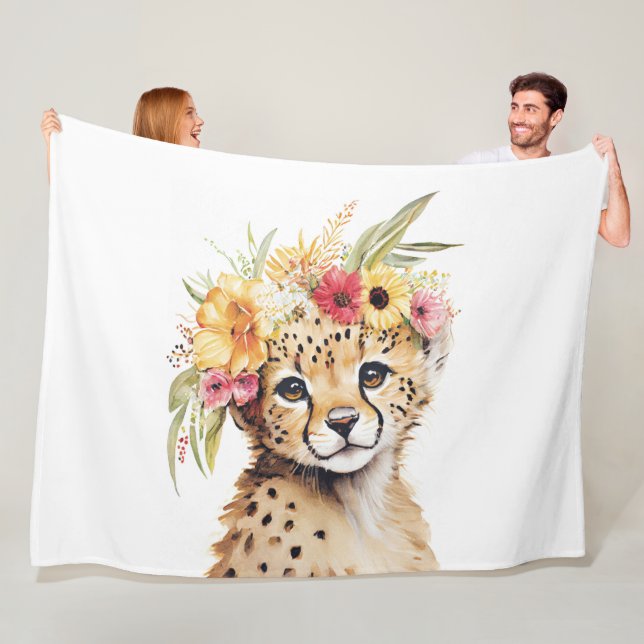 Couverture Polaire Cheetah Flower Crown Art Aquarelle Safari Wild (En situation)