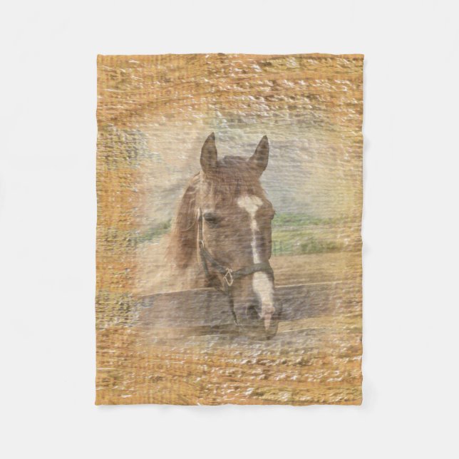 Couverture Polaire Cheval Brown avec le licou sur le vieux bois (Devant)