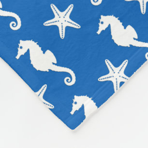 Couverture Polaire Cheval de mer et poisson d'eau - blanc sur bleu co