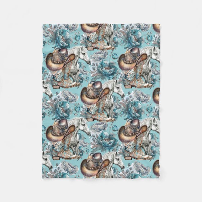 Couverture Polaire Cheval fille cowgirl motif floral turquoise (Devant)