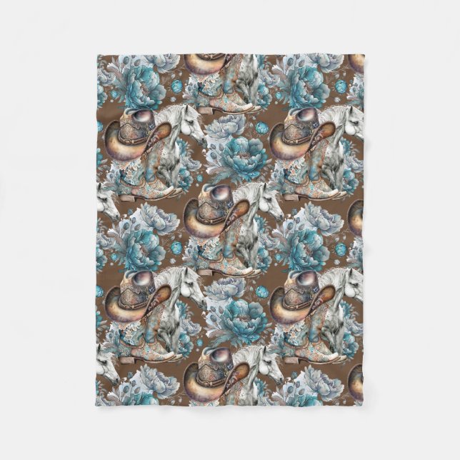 Couverture Polaire Cheval fille cowgirl motif floral turquoise (Devant)