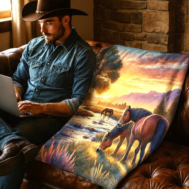 Couverture Polaire Cheval Mustang pâturage par ruisseau au coucher du (Sunset serenity meets western grit cowboy life, tech in hand, blanket draped with wild horses)