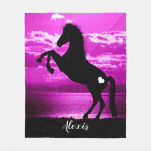 Couverture Polaire Cheval Noir Élevage Ciel Violet Blanche