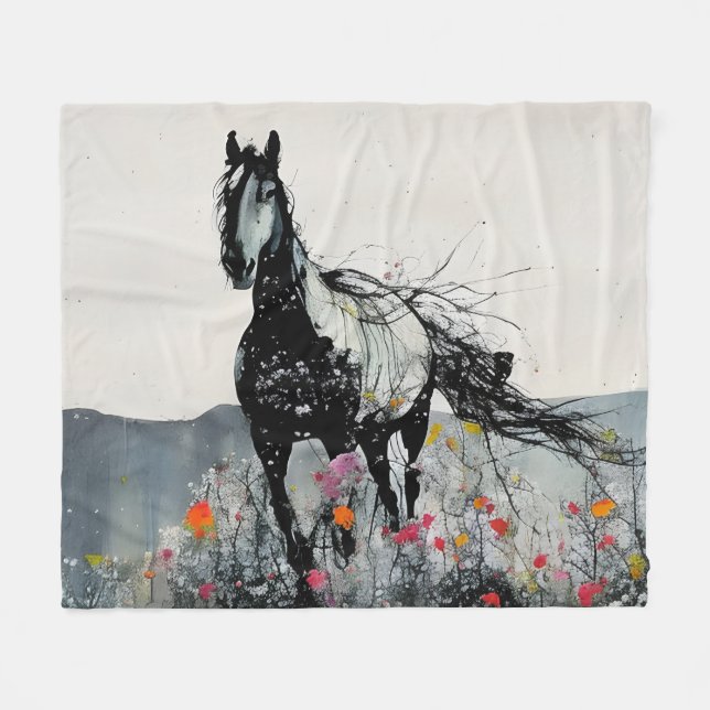 Couverture Polaire Cheval noir en Fleur sauvage (Devant (Horizontal))