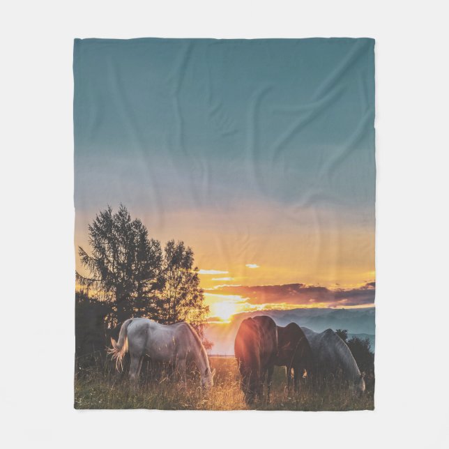 Couverture Polaire Chevaux Sauvages Au Coucher Du Soleil (Devant)