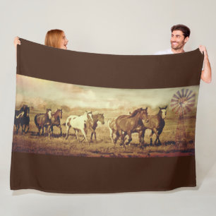 Couverture Polaire Chevaux sauvages et moulins à vent couvrants
