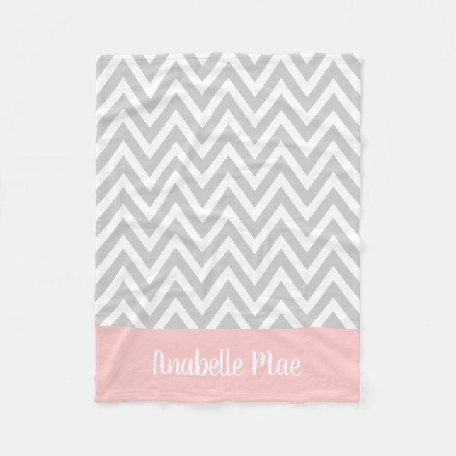 Couverture Polaire Chevron gris et rose Nom du bébé Monogrammé (Devant)