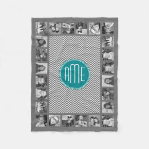 Couverture Polaire Chevrons turquoises au charbon de bois Monogramme