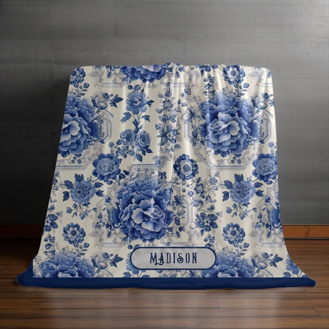 Couverture Polaire Chic Bleu blanc à fleurs chinoiserie toile monogra (Créateur téléchargé)