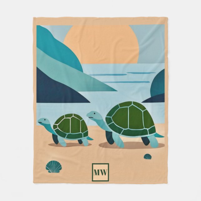 Couverture Polaire Chic boho abstrait tortues de mer monogramme (Devant)