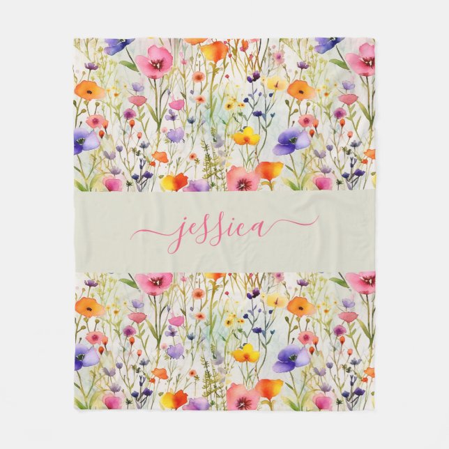 Couverture Polaire Chic colorful wildflowers watercolor script name (Devant)