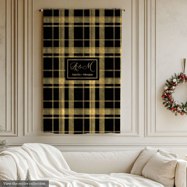 Couverture Polaire Chic Géométrique Monogramme Noir Or Plaid (Chic Geometric Black Gold Monogram Blanket)