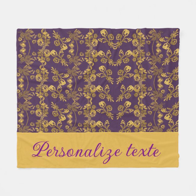 Couverture Polaire Chic Golden Flowers violet motif | personnalisé (Devant (Horizontal))