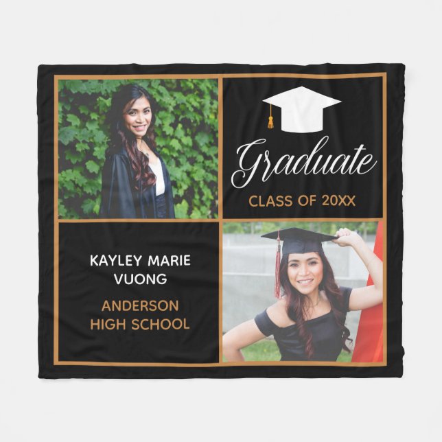 Couverture Polaire Chic Graduate Senior Photo Black Gold Graduate (Devant (Horizontal))