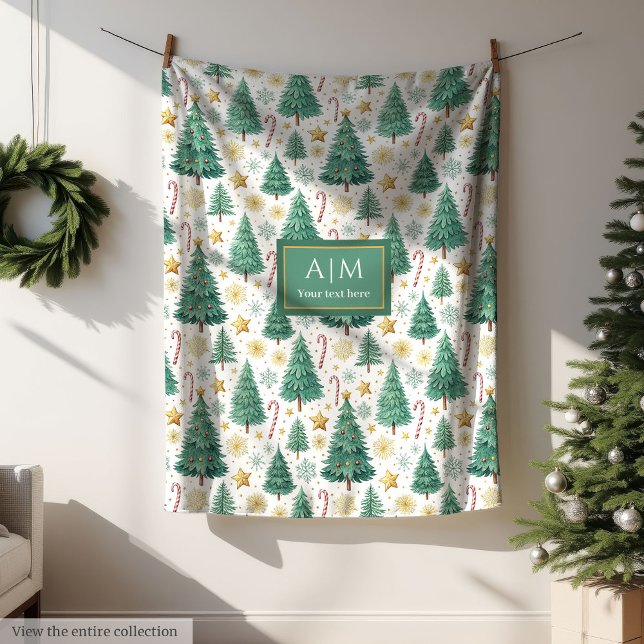 Couverture Polaire Chic green and gold watercolor Christmas trees (Chic green and gold watercolor Christmas trees Fleece Blanket)