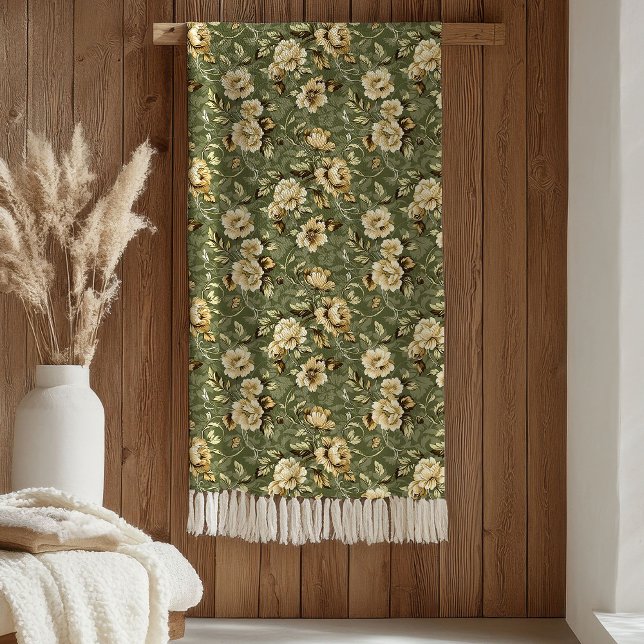 Couverture Polaire Chic plaid botanique vert sauge et style or (Chic Botanical Blanket Sage Green and Gold Style)