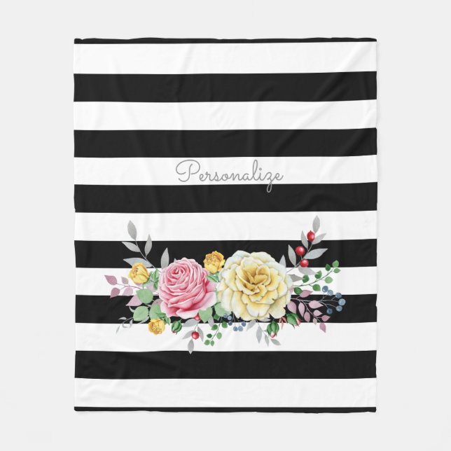 Couverture Polaire Chic Rose Floral tendance rayures noires et nom (Devant)