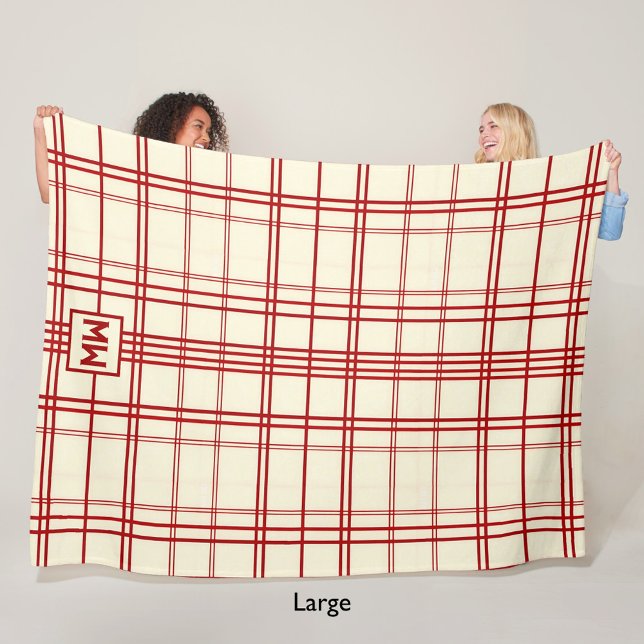 Couverture Polaire Chic rouge à rayures plaid crème monogramme (Créateur téléchargé)