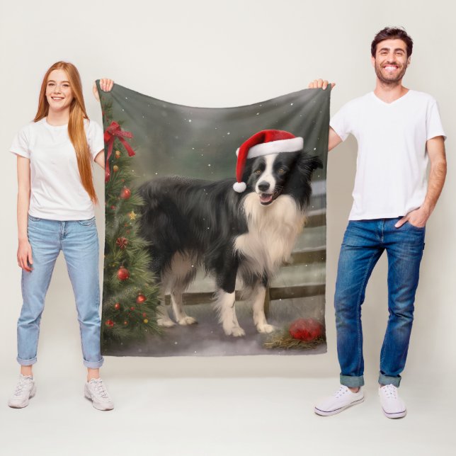 Couverture Polaire Chien Border Collie dans la neige de Noël (En situation)