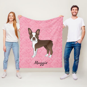 Couverture Polaire Chien Boston Terrier Brun Sur Cœurs Roses Et Nom