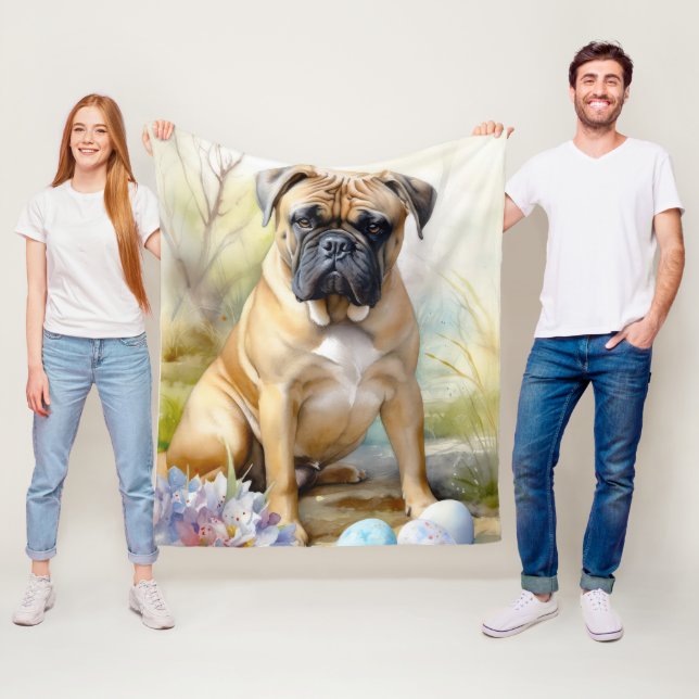 Couverture Polaire Chien Bouledogue avec œufs de Pâques Vacances  (En situation)