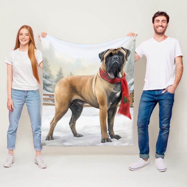 Couverture Polaire Chien Bouledogue Mastiff dans la neige de Noël (En situation)