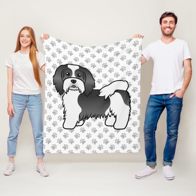 Couverture Polaire Chien Caricature Cute Du Havanais Noir Et Blanc (En situation)