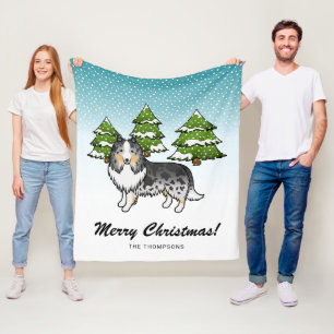 Couverture Polaire Chien de dessin animé Sheltie Merle Bleu en hiver