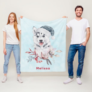 Couverture Polaire Chien de Noël Husky dans un chapeau de Père Noël