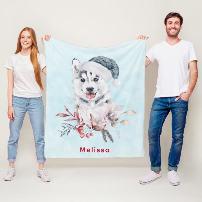 Couverture Polaire Chien de Noël Husky dans un chapeau de Père Noël (En situation)