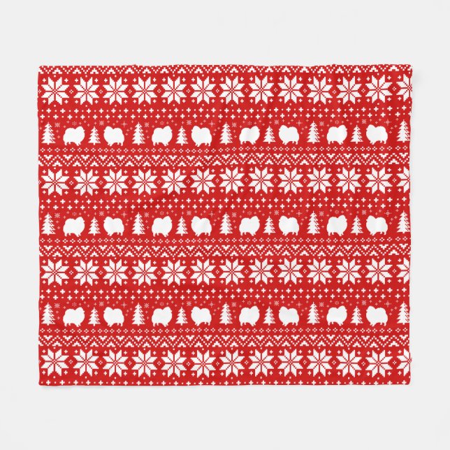 Couverture Polaire Chien de Poméranie Silhouettes Motif de Noël Rouge (Devant (Horizontal))