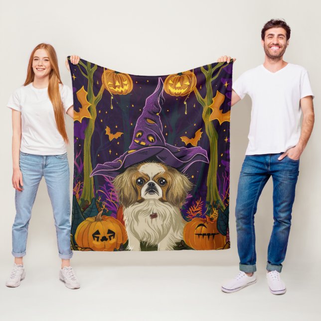 Couverture Polaire Chien épouvantable Pékinois Sorcière d'Halloween e (En situation)
