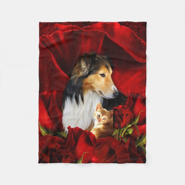 Couverture Polaire Chien et Kitten intégrés aux Roses rouges (Devant)