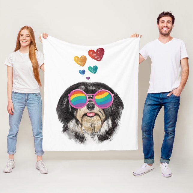 Couverture Polaire Chien Havanais avec coeurs Saint-Valentin (En situation)