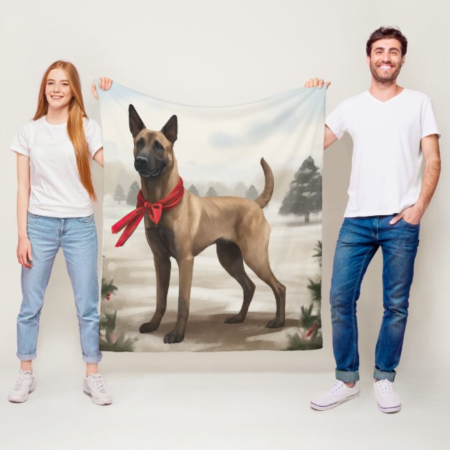 Couverture Polaire Chien Malinois Belge dans la neige de Noël (En situation)