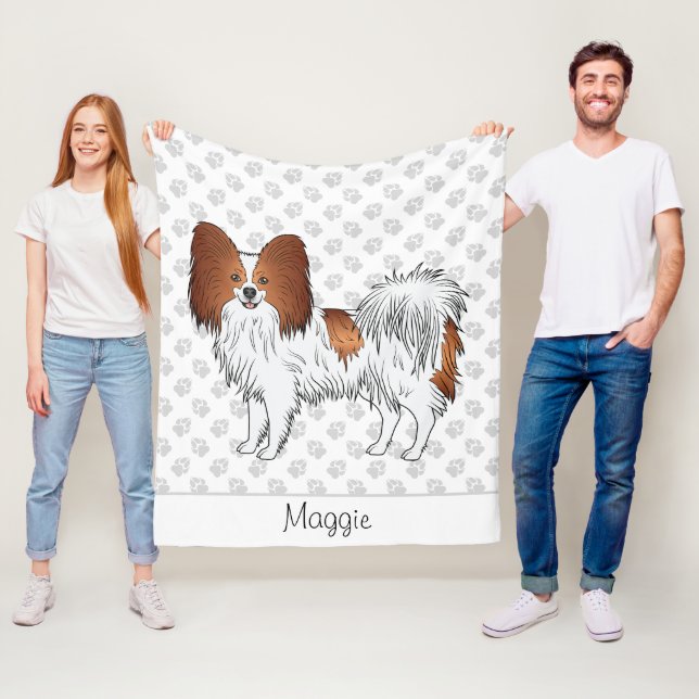 Couverture Polaire Chien Papillon Rouge Et Blanc Avec Pattes Et Nom (En situation)
