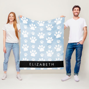 Couverture Polaire Chien Paws, White Paws, Blue Watercolor, Votre nom