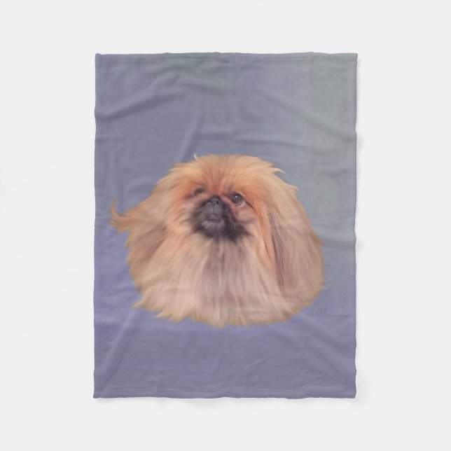 Couverture Polaire Chien Pékinois sur Fond Bleu (Devant)