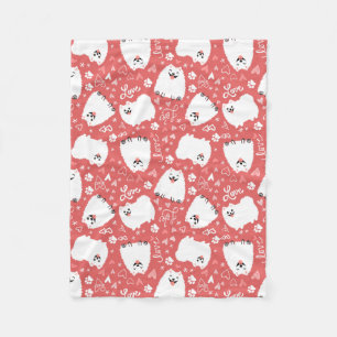 Couverture Polaire Chien Pomeranian Blanc Drôle avec Motif de Cœurs